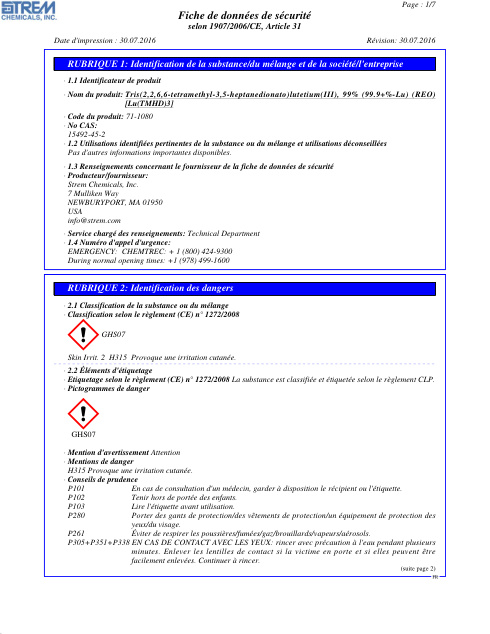 First page of Tris(2,2,6,6-tetramethyl-3,5-heptanedionato)lutetium(III), 99% (99.9+%-Lu) (REO) 71-1080 SDS – Strem Chemicals, Inc.