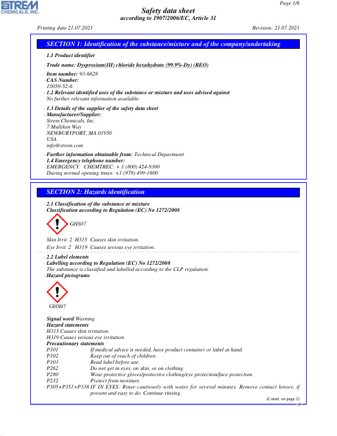 First page of Dysprosium(III) chloride hexahydrate (99.9%-Dy) (REO) 93-6628 SDS – Strem Chemicals, Inc.