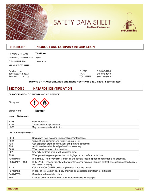 First page of Thulium 3586 SDS – ProChem, Inc.