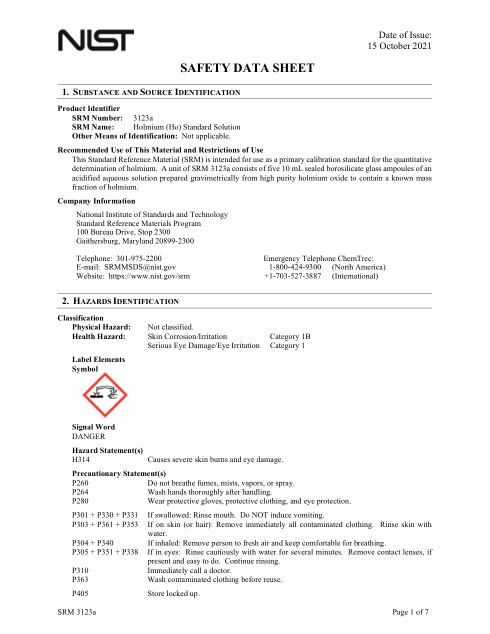 First page of Holmium (Ho) Standard Solution | SDS | National Institute of Standards and Technology (NIST) | SRM 3123a | English | 15 October 2021