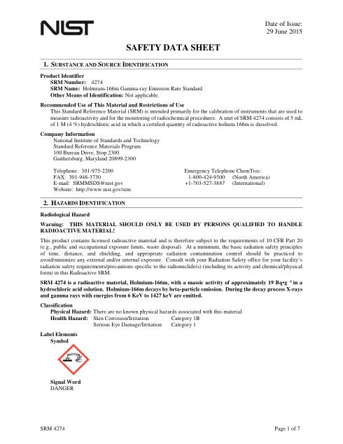 First page of Holmium-166m in hydrochloric acid solution | SDS | National Institute of Standards and Technology (NIST) | NIST SRM 4274 | English | 29 June 2015