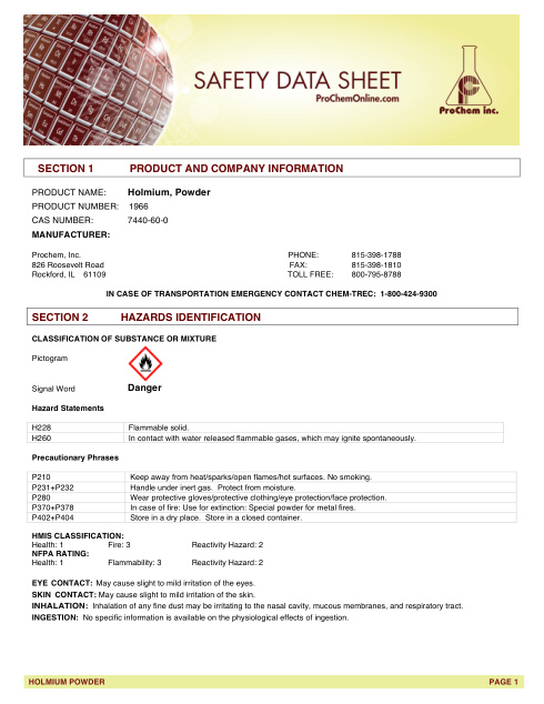 First page of Holmium, Powder 1966 SDS – ProChem, Inc.