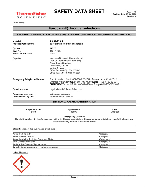 First page of Europium(II) fluoride, anhydrous ALFAA41737 SDS – Avocado Research Chemicals Ltd. (Part of Thermo Fisher Scientific)