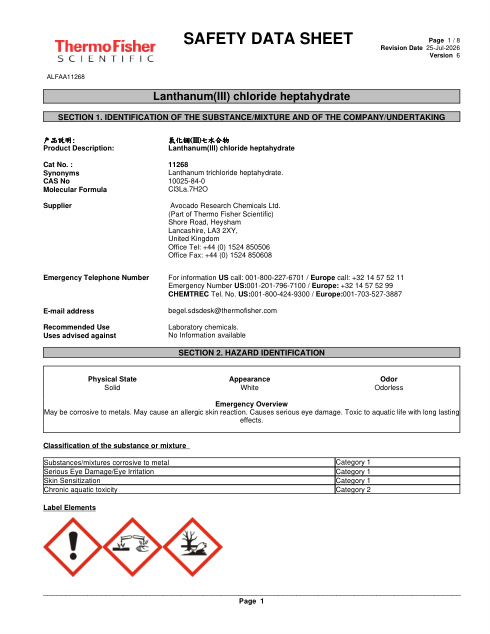 First page of Lanthanum(III) chloride heptahydrate ALFAA11268 SDS – Avocado Research Chemicals Ltd. (Part of Thermo Fisher Scientific)