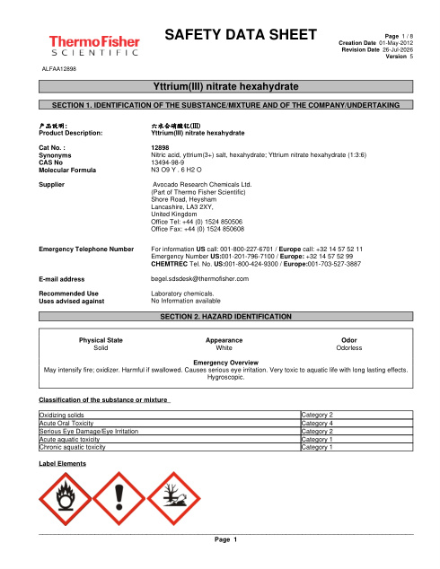 First page of Yttrium(III) nitrate hexahydrate ALFAA12898 SDS – Avocado Research Chemicals Ltd. (Part of Thermo Fisher Scientific)