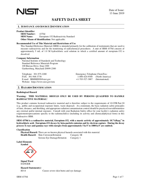 First page of Europium-152 in hydrochloric acid solution | SDS | National Institute of Standards and Technology (NIST) | NIST SRM 4370d | English | 13 June 2019