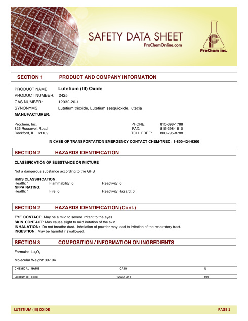 First page of Lutetium (III) Oxide 2425 SDS – ProChem, Inc.