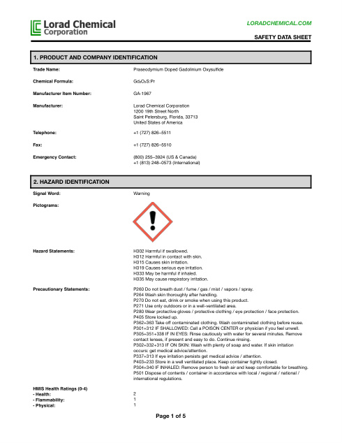 First page of Praseodymium-doped gadolinium oxysulfide | SDS | CAS 68609-42-7 | Lorad | GA-1967 | English | 08/01/2017