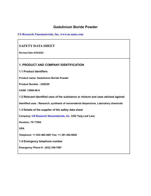 First page of Gadolinium Boride Powder | SDS | CAS 12008-06-9 | US Research Nanomaterials | US8329 | English | 4/25/2022
