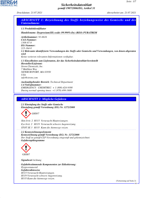 First page of Dysprosium(III) oxide (99.998%-Dy) (REO) PURATREM 93-6616 SDS – Strem Chemicals, Inc.
