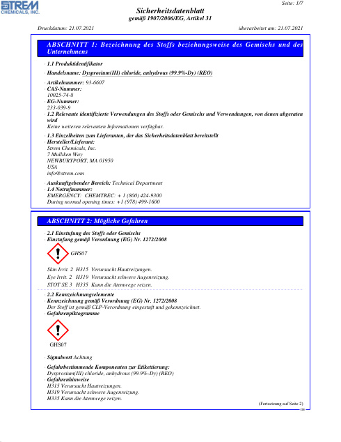First page of Dysprosium(III) chloride, anhydrous (99.9%-Dy) (REO) 93-6607 SDS – Strem Chemicals, Inc.