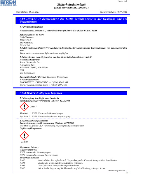 First page of Erbium(III) chloride hydrate (99.999%-Er) (REO) PURATREM 68-6804 SDS – Strem Chemicals, Inc.