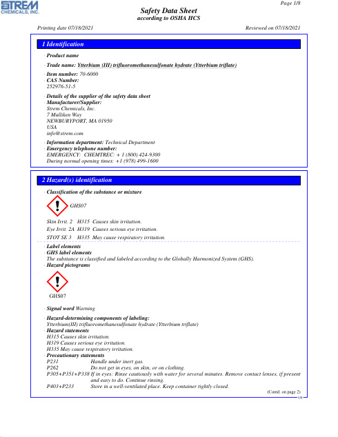 First page of Ytterbium (III) trifluoromethanesulfonate hydrate (Ytterbium triflate) 70-6000 SDS – Strem Chemicals, Inc.