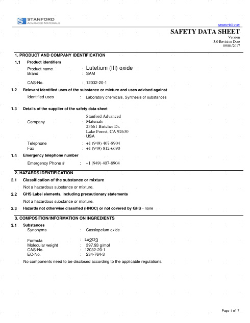First page of Lutetium (III) oxide SDS – Stanford Advanced Materials