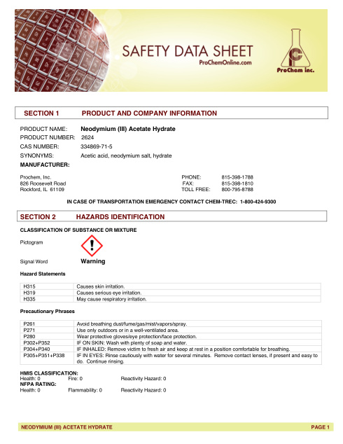 First page of Neodymium (III) Acetate Hydrate 2624 SDS – ProChem, Inc.