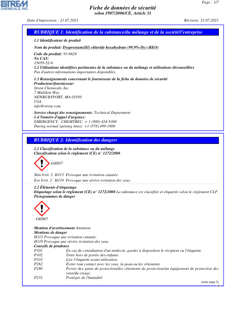 First page of Dysprosium(III) chloride hexahydrate (99.9%-Dy) (REO) 93-6628 SDS – Strem Chemicals, Inc.