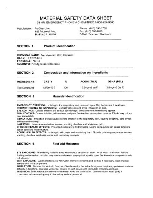 First page of Neodymium (III) fluoride SDS – ProChem, Inc.