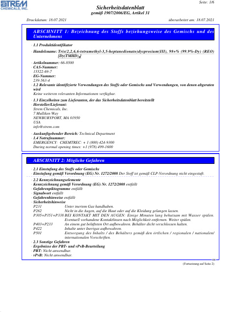 First page of Tris(2,2,6,6-tetramethyl-3,5-heptanedionato)dysprosium(III), 98+% (99.9%-Dy) (REO) 66-8500 SDS – Strem Chemicals, Inc.