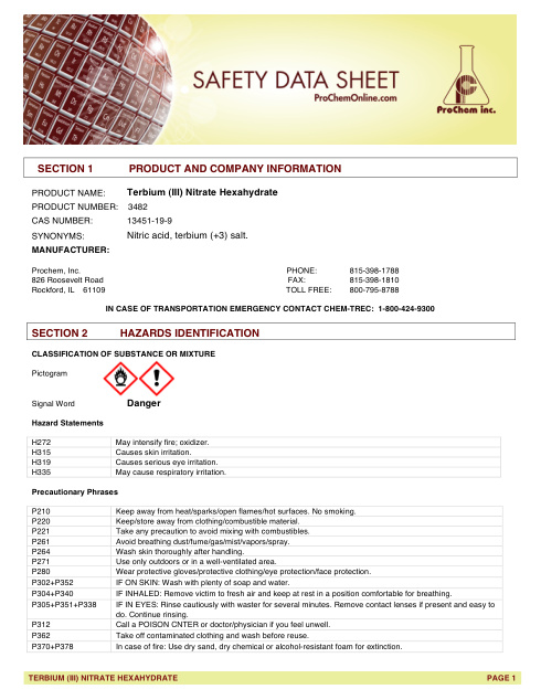 First page of Terbium (III) Nitrate Hexahydrate 3482 SDS – ProChem, Inc.