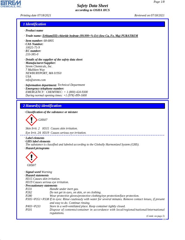 First page of · Trade name: Erbium(III) chloride hydrate (99.999+%-Er) (low Ca, Fe, Mg) PURATREM 68-6805 SDS – Strem Chemicals, Inc.
