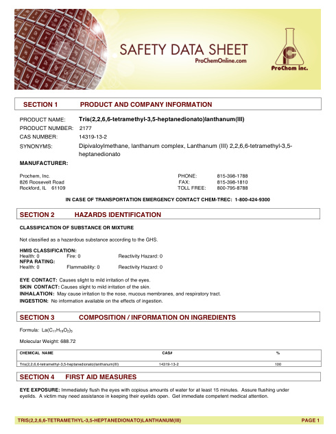 First page of Tris(2,2,6,6-tetramethyl-3,5-heptanedionato)lanthanum(III) 2177 SDS – ProChem, Inc.