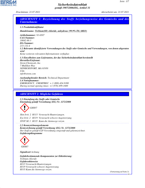 First page of Terbium(III) chloride, anhydrous (99.9%-Tb) (REO) 93-6507 SDS – Strem Chemicals, Inc.