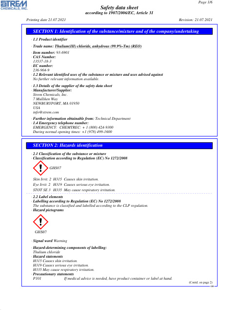 First page of Thulium(III) chloride, anhydrous (99.9%-Tm) (REO) 93-6901 SDS – Strem Chemicals, Inc.