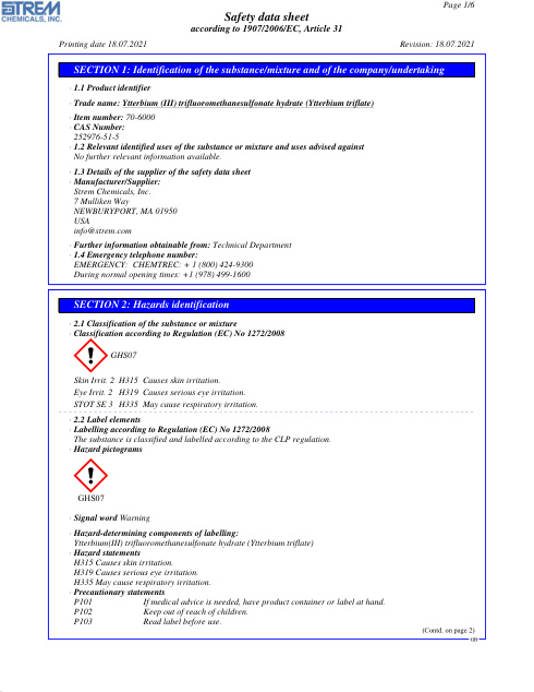 First page of Ytterbium (III) trifluoromethanesulfonate hydrate (Ytterbium triflate) 70-6000 SDS – Strem Chemicals, Inc.