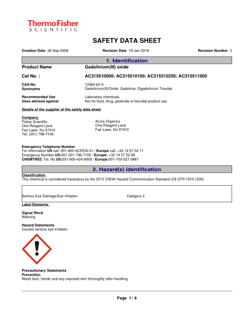 First page of Gadolinium(III) oxide | SDS | CAS 12064-62-9 | Acros-Organics | AC315510000; AC315510100; AC315510250; AC315511000 | English | 19-Jan-2018 · Revision 3