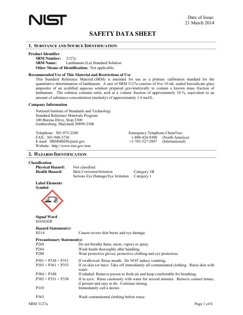 First page of Lanthanum (La) Standard Solution | SDS | National Institute of Standards and Technology (NIST) | SRM 3127a | English | 21 March 2014