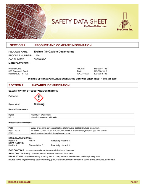 First page of Erbium (III) Oxalate Decahydrate 1726 SDS – ProChem, Inc.