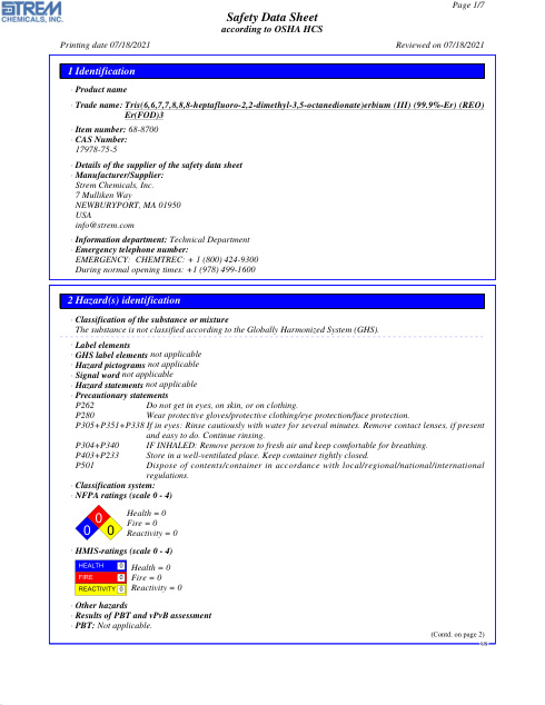 First page of Tris(6,6,7,7,8,8,8-heptafluoro-2,2-dimethyl-3,5-octanedionate)erbium (III) (99.9%-Er) (REO) 68-8700 SDS – Strem Chemicals, Inc.