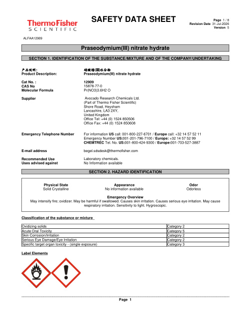 First page of Praseodymium(III) nitrate hydrate ALFAA12909 SDS – Avocado Research Chemicals Ltd. (Part of Thermo Fisher Scientific)