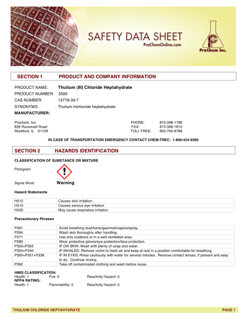 First page of Thulium (III) Chloride Heptahydrate 3599 SDS – ProChem, Inc.