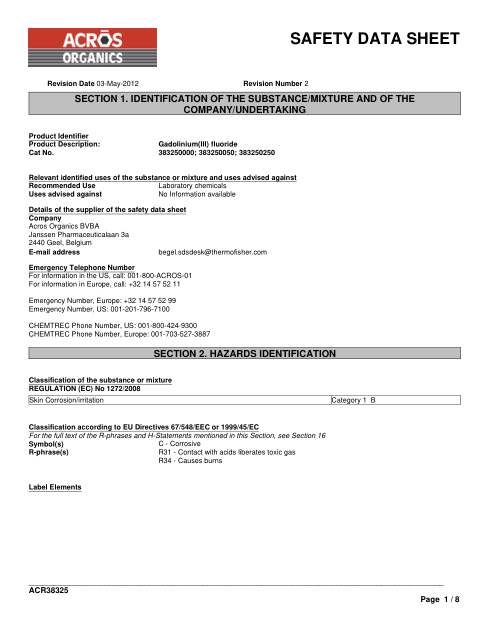 First page of Gadolinium(III) fluoride | SDS | CAS 13765-26-9 | Acros-Organics | 383250000; 383250050; 383250250 | English | 03-May-2012 · Revision 2