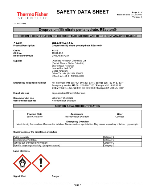 First page of Dysprosium(III) nitrate pentahydrate, REacton® ALFAA11315 SDS – Avocado Research Chemicals Ltd. (Part of Thermo Fisher Scientific)