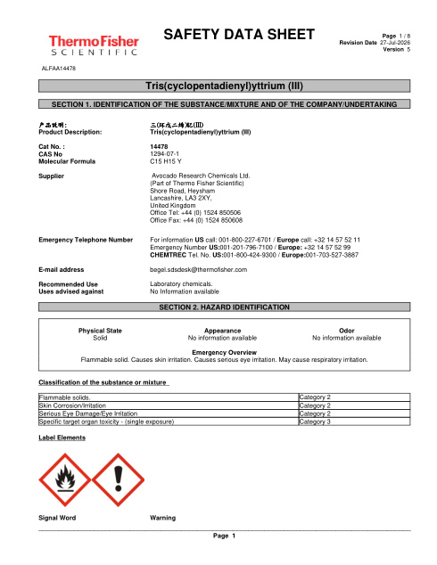First page of Tris(cyclopentadienyl)yttrium (III) ALFAA14478 SDS – Avocado Research Chemicals Ltd. (Part of Thermo Fisher Scientific)