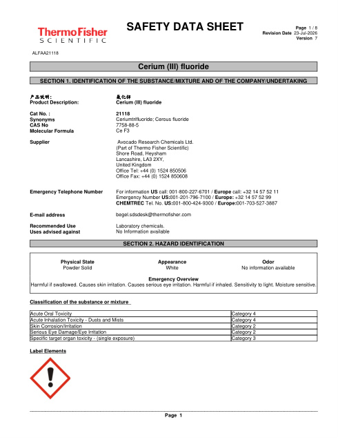 First page of Cerium (III) fluoride ALFAA21118 SDS – Avocado Research Chemicals Ltd. (Part of Thermo Fisher Scientific)