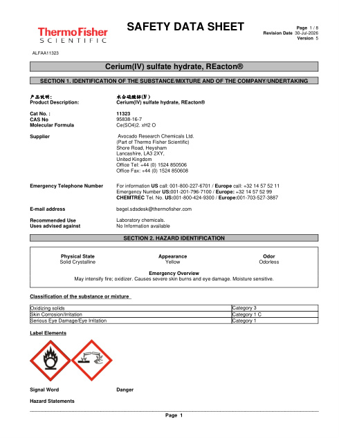 First page of Cerium(IV) sulfate hydrate, REacton® ALFAA11323 SDS – Avocado Research Chemicals Ltd. (Part of Thermo Fisher Scientific)