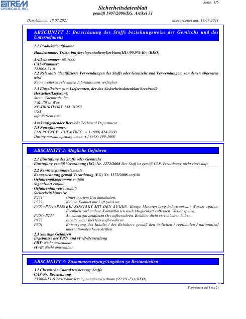 First page of Tris(n-butylcyclopentadienyl)erbium(III) (99.9%-Er) (REO) 68-7000 SDS – Strem Chemicals, Inc.
