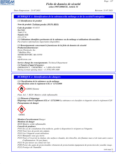 First page of Terbium powder (99.9% REO) 93-6515 SDS – Strem Chemicals, Inc.