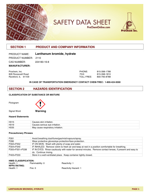 First page of Lanthanum bromide, hydrate 2110 SDS – ProChem, Inc.