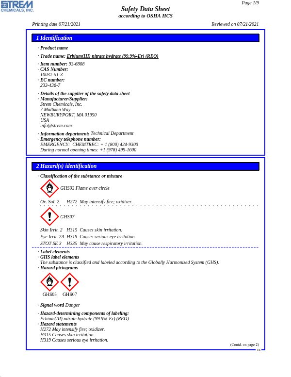 First page of · Trade name: Erbium(III) nitrate hydrate (99.9%-Er) (REO) 93-6808 SDS – Strem Chemicals, Inc.