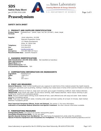 First page of Praseodymium (Pr) Metal — Safety Data Sheet (SDS)