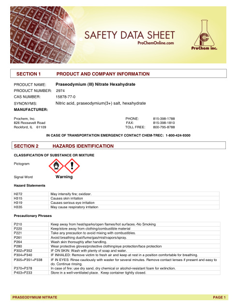 First page of Praseodymium (III) Nitrate Hexahydrate 2974 SDS – ProChem, Inc.