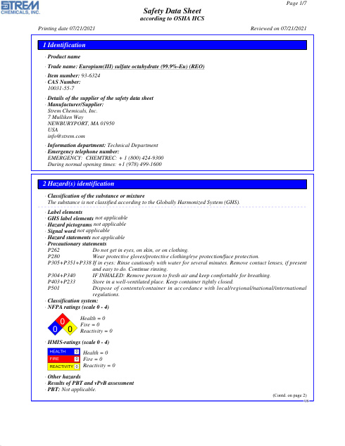 First page of Europium(III) sulfate octahydrate (99.9%-Eu) (REO) 93-6324 SDS – Strem Chemicals, Inc.