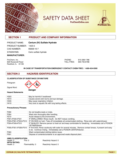 First page of Cerium (IV) Sulfate Hydrate 1425-5 SDS – ProChem, Inc.