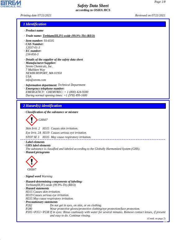 First page of · Trade name: Terbium(III,IV) oxide (99.9%-Tb) (REO) 93-6505 SDS – Strem Chemicals, Inc.