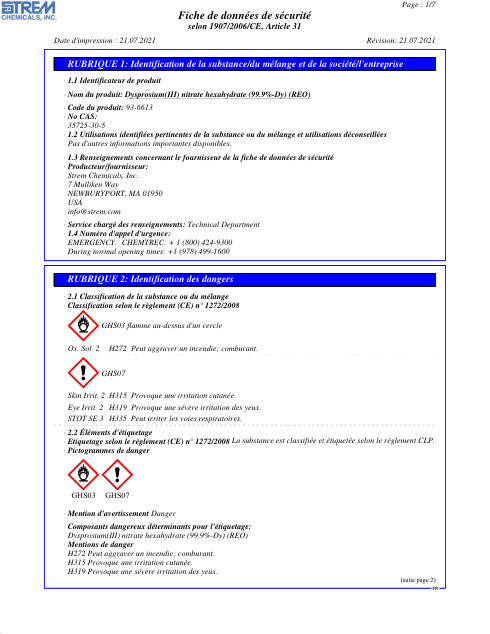 First page of Dysprosium(III) nitrate hexahydrate (99.9%-Dy) (REO) 93-6613 SDS – Strem Chemicals, Inc.