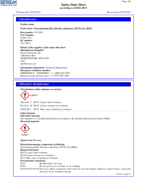 First page of Praseodymium(III) chloride, anhydrous (99.9%-Pr) (REO) 93-5905 SDS – Strem Chemicals, Inc.